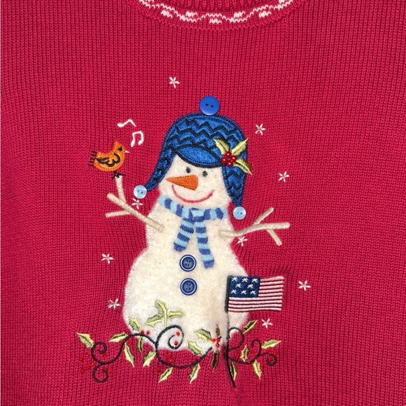 Christopher & Banks Embroidered Snowman Christmas Sweater vintage 1x red - Picture 3 of 5
